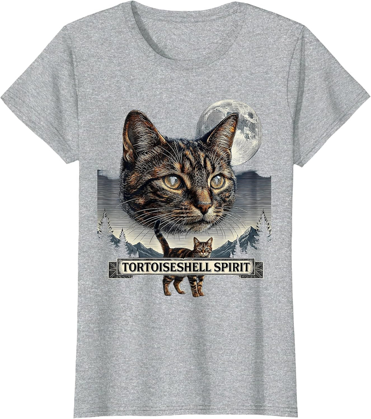 Tortoiseshell Spirit Crosshatch Etching 90s Retro Cat Art T-Shirt - Heather Grey