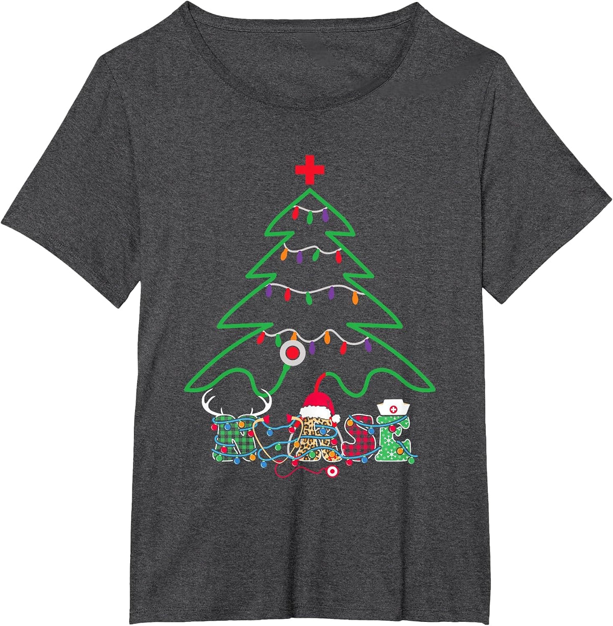 Stethoscope Christmas Tree Nurse Christmas Scrub Top Xmas T-Shirt - Dark Heather Grey