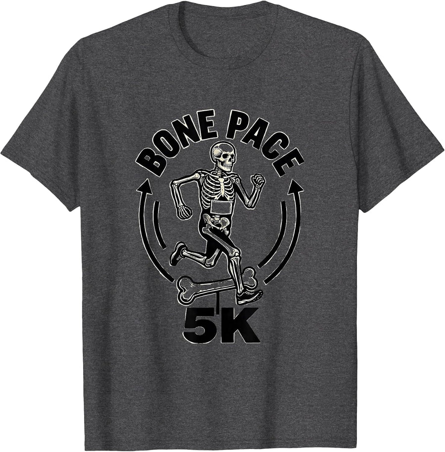 Men's Bone Pace 5K Funny Skeleton Runner Halloween Fun Run T-Shirt - Dark Heather Grey