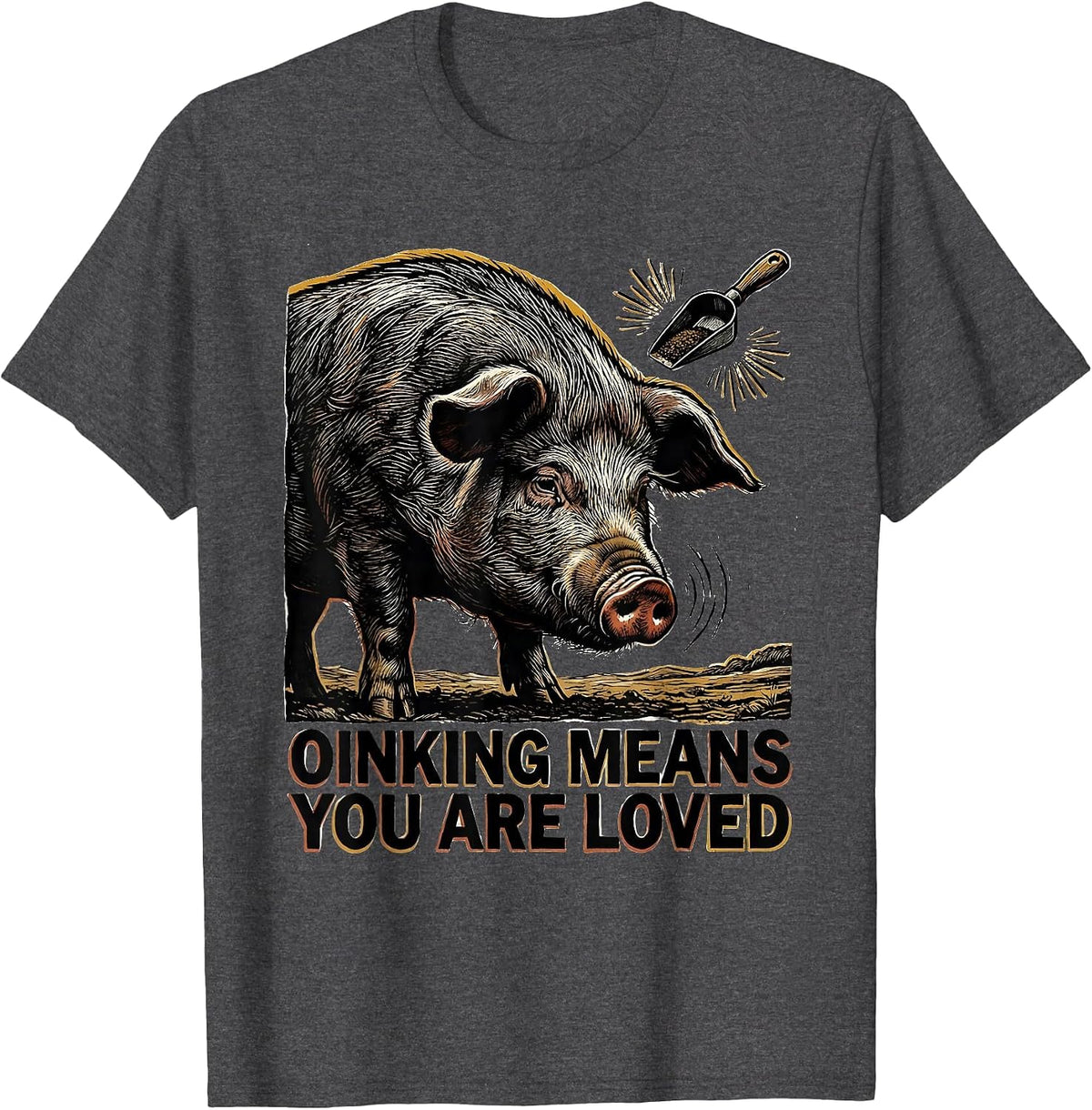 Oinking Means You Are Loved Funny Pig Lover Linocut Art T-Shirt - Dark Heather Grey