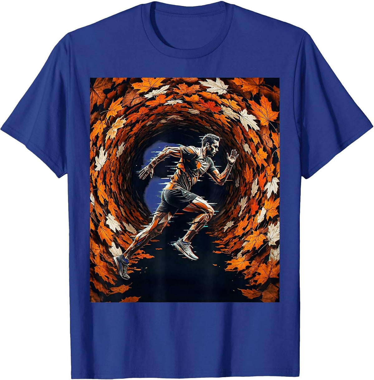 Runner Silhouette Autumn Leaf Tunnel Graphic T-Shirt - Royal Blue