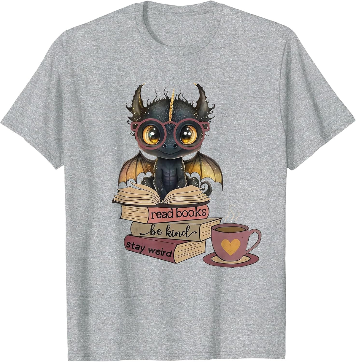Funny Dragon Read Books Be Kind Stay Weird Book Lover T-Shirt - Heather Grey