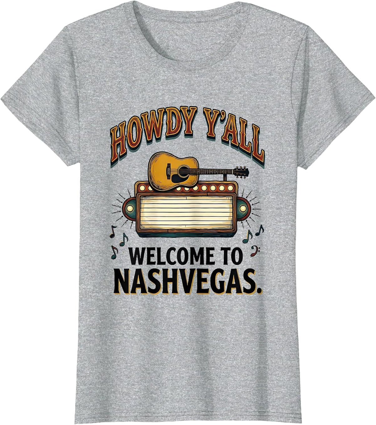 Women's Howdy Y'All, Welcome To Nashvegas Nashville Guitar Souvenir T-Shirt - Heather Grey