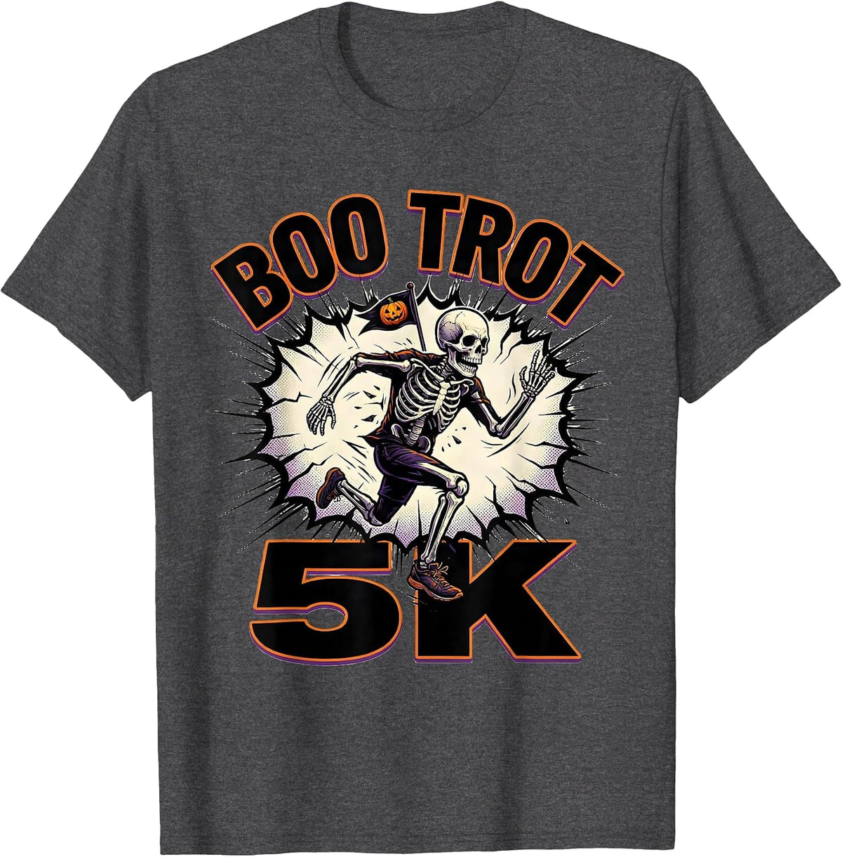 Men's Boo Trot 5K Comic Book Skeleton Runner Halloween Fun Run T-Shirt - Dark Heather Grey