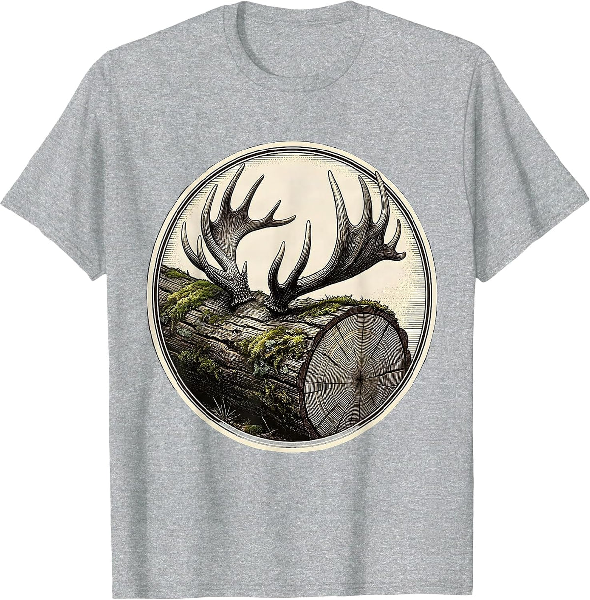 Men's Antler Shed on Mossy Log Hunting Illustration T-Shirt - Heather Grey