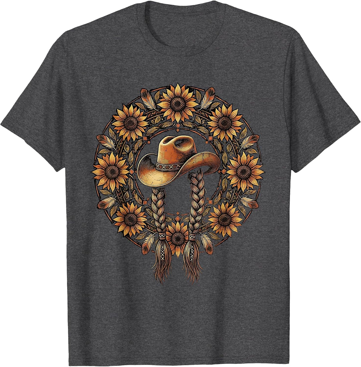 Braided Hair Cowboy Hat Western Illustration T-Shirt - Dark Heather Grey