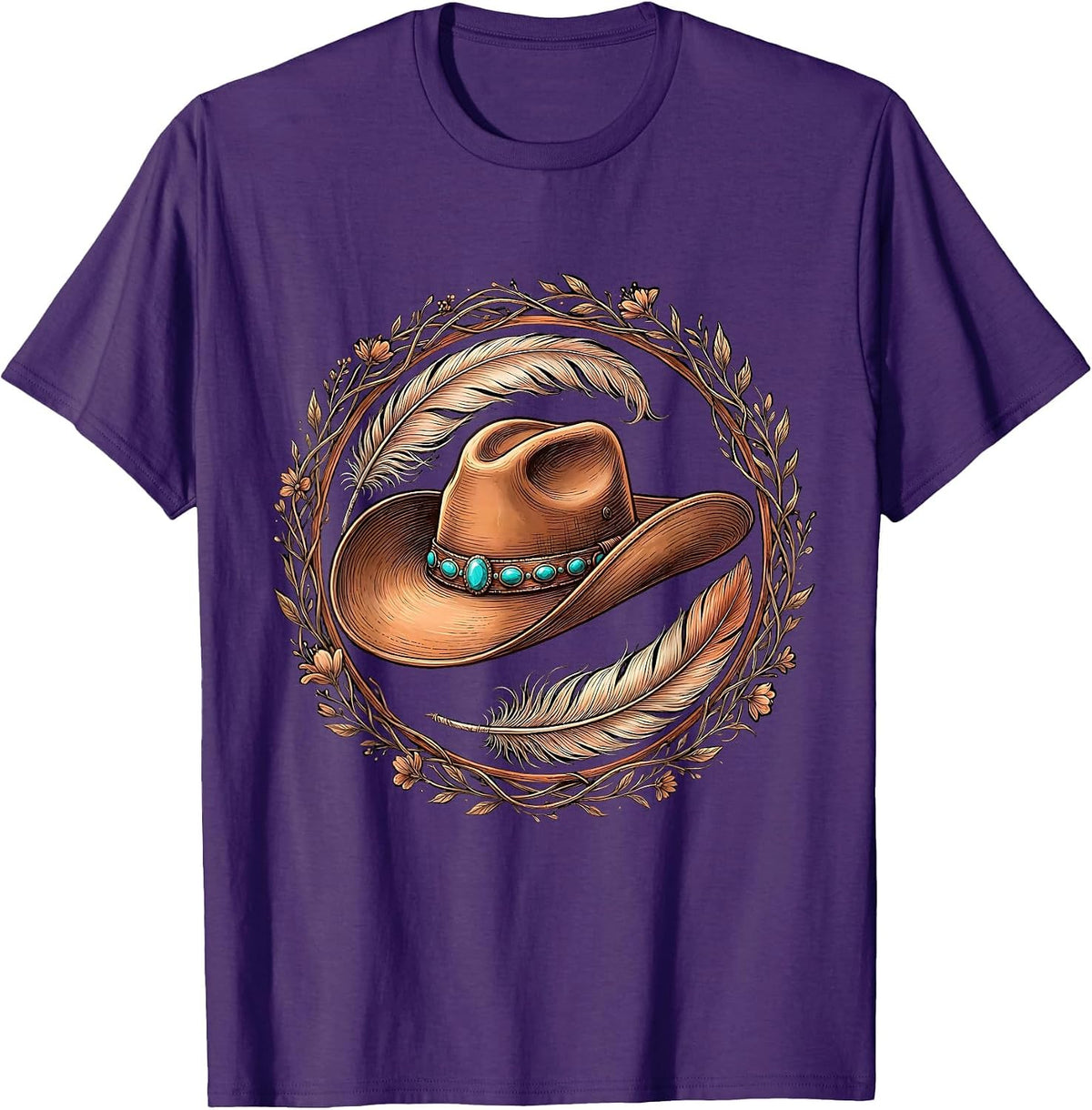 Men's Cowgirl Hat Feathers and Turquoise Gems Western T-Shirt - Purple