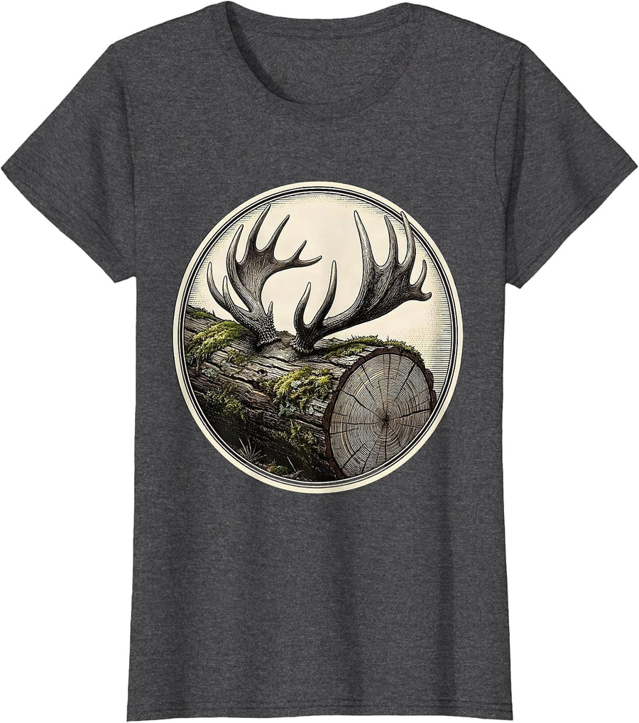 Women's Antler Shed on Mossy Log Hunting Illustration T-Shirt - Dark Heather Grey