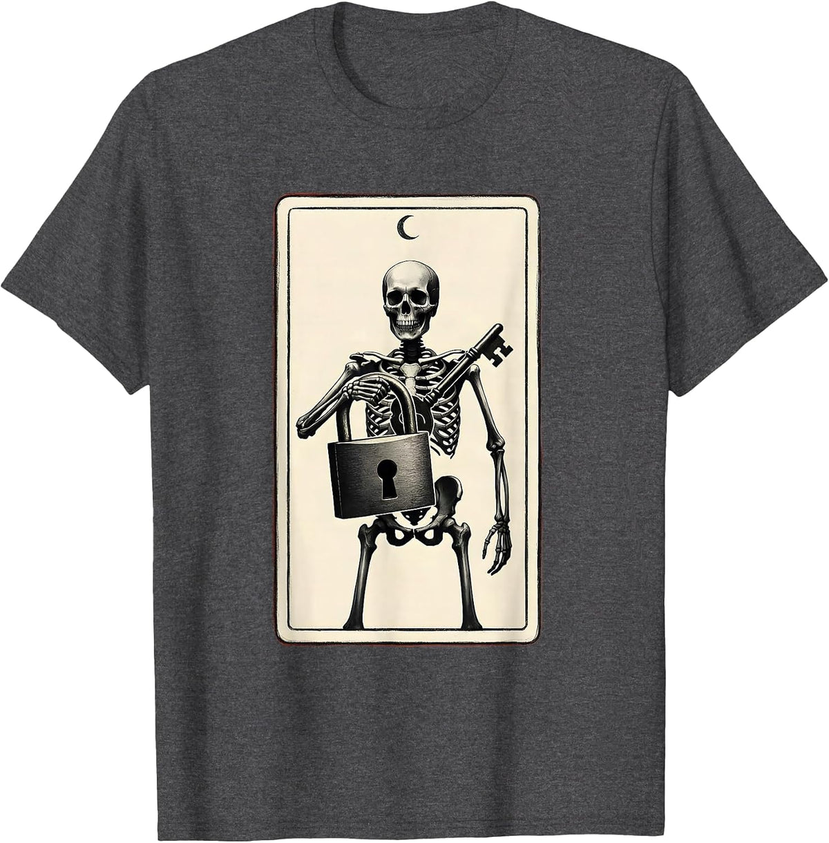 Men's Skeleton Locksmith Tarot Card Minimalist Halloween Humor T-Shirt - Dark Heather Grey