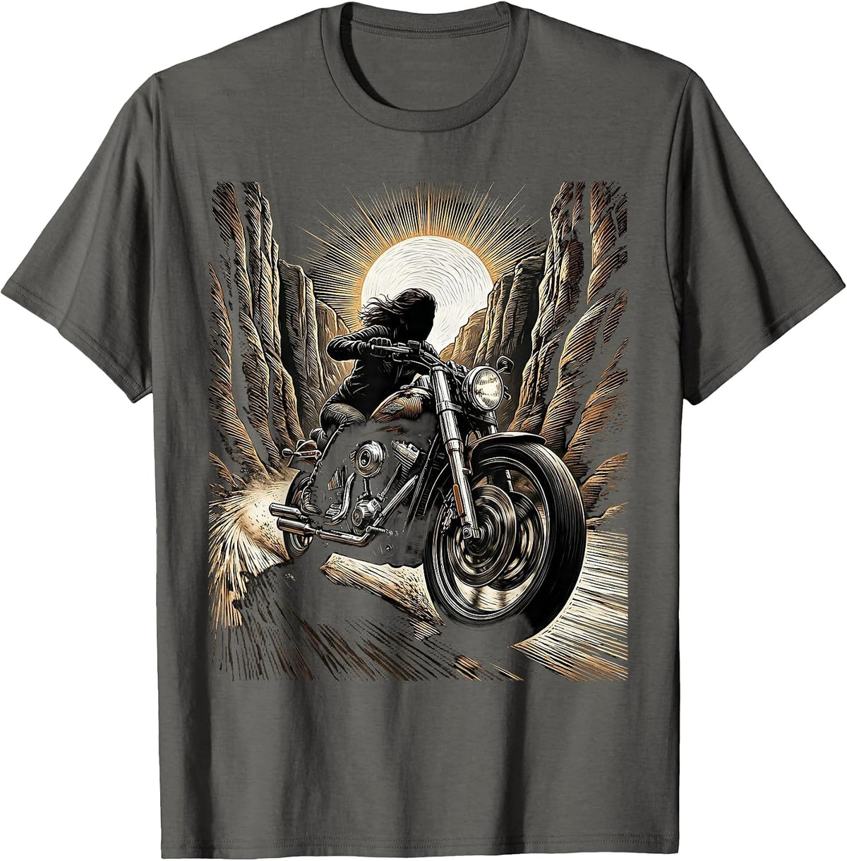 Motorcycle Canyon Sunset Rider Graphic Tee T-Shirt - Asphalt Grey
