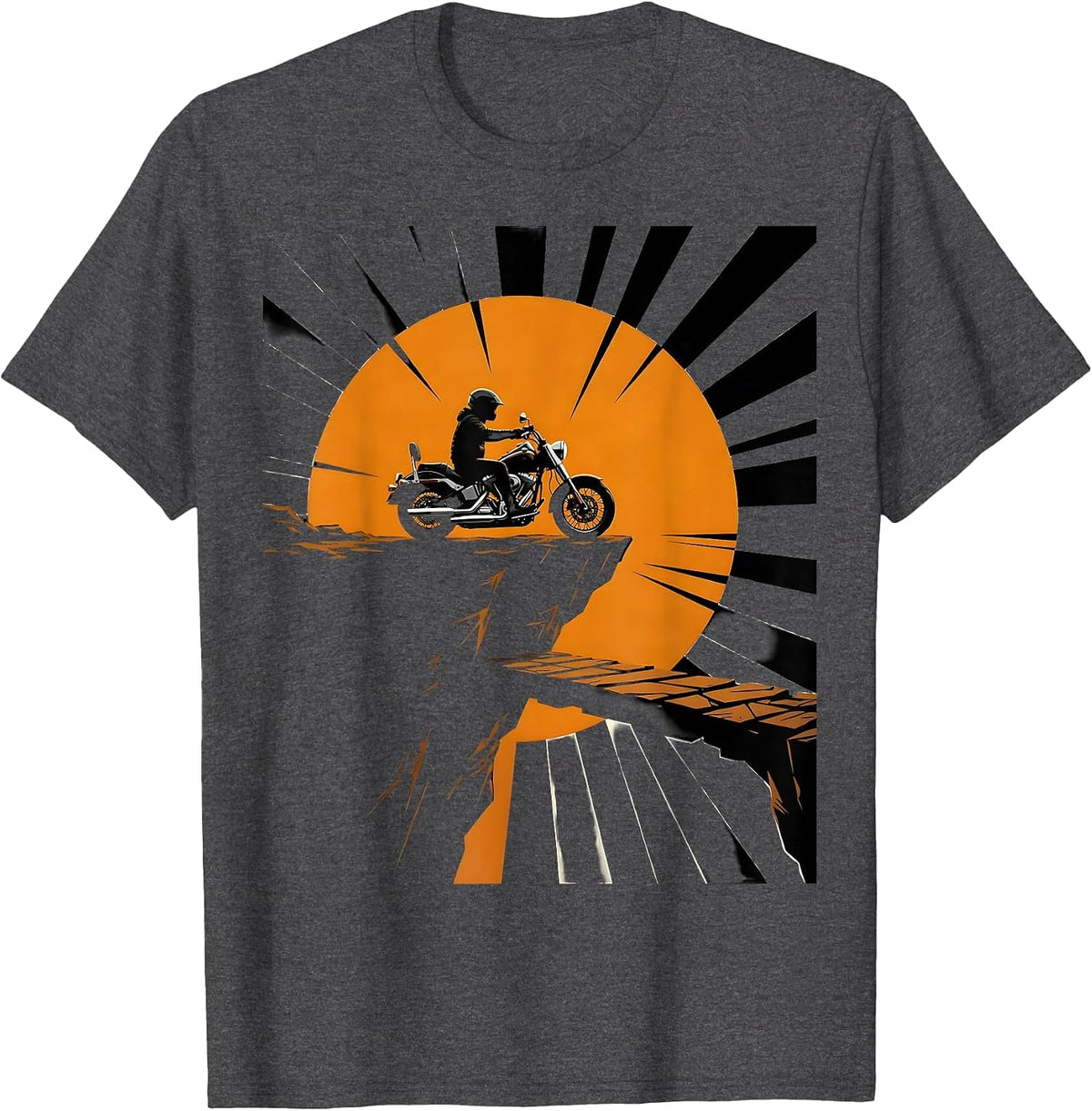 Motorcycle Cliff Edge Sunset Silhouette Design T-Shirt - Dark Heather Grey