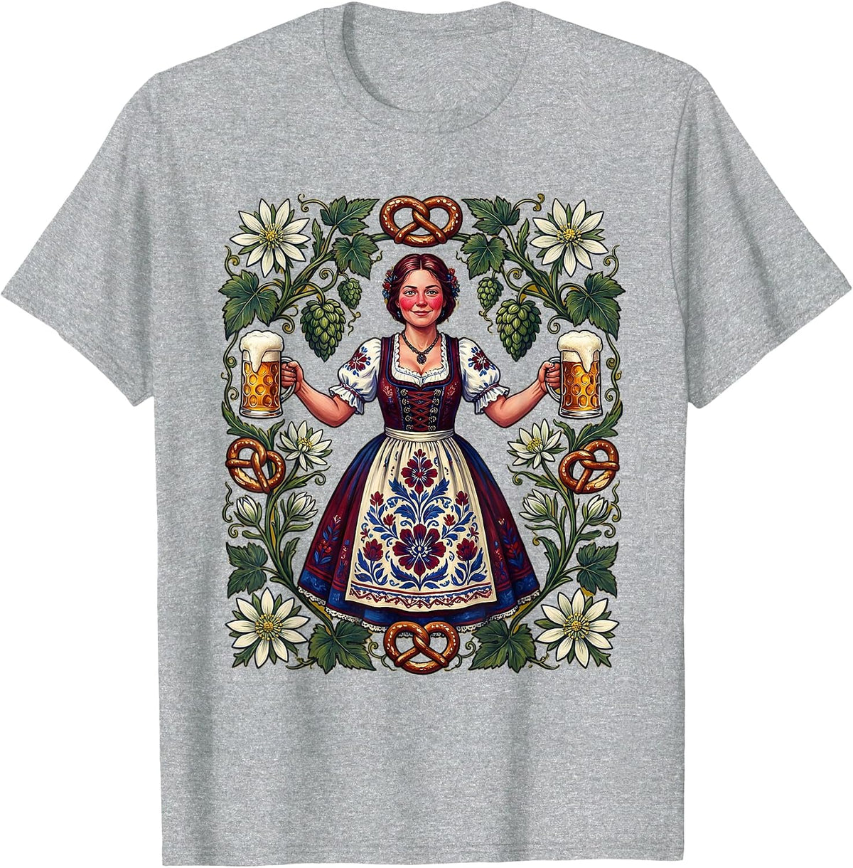 Men's Bavarian Beer Maiden Oktoberfest Illustration T-Shirt - Heather Grey