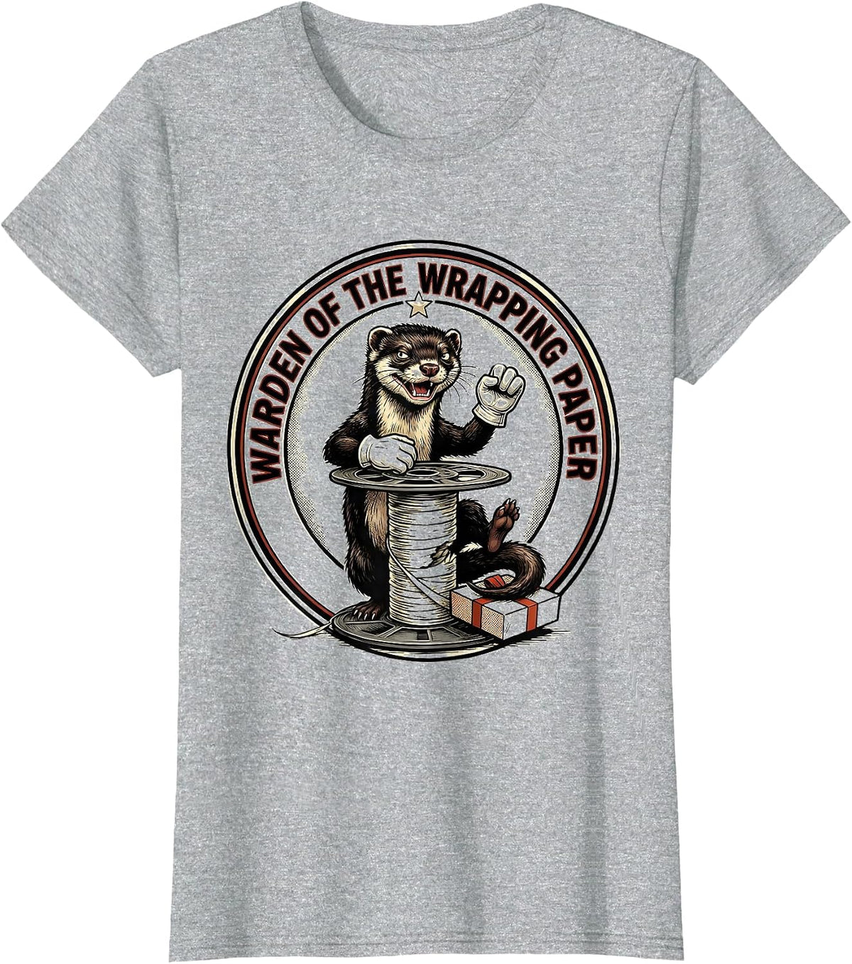 Warden Of The Wrapping Paper Retro Cartoon Ferret Owner Gift T-Shirt - Heather Grey