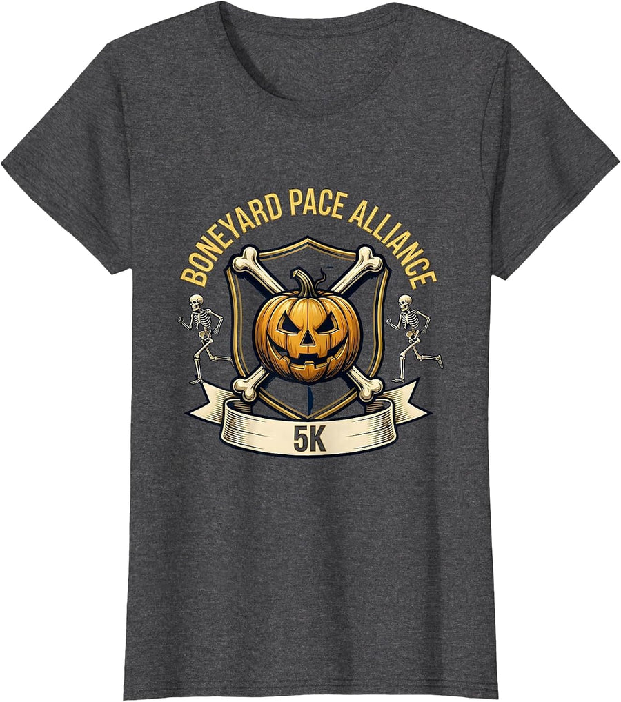 Women's Boneyard Pace Alliance 5K Funny Skeleton Halloween Runner T-Shirt - Dark Heather Grey