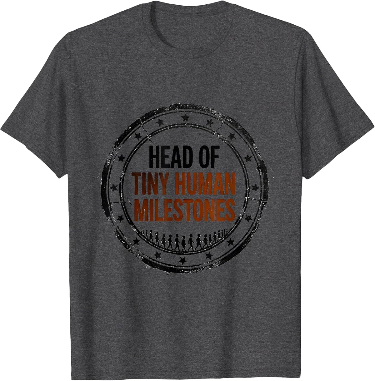 Head of Tiny Human Milestones Teacher Rubber Stamp Humor T-Shirt - Dark Heather Grey