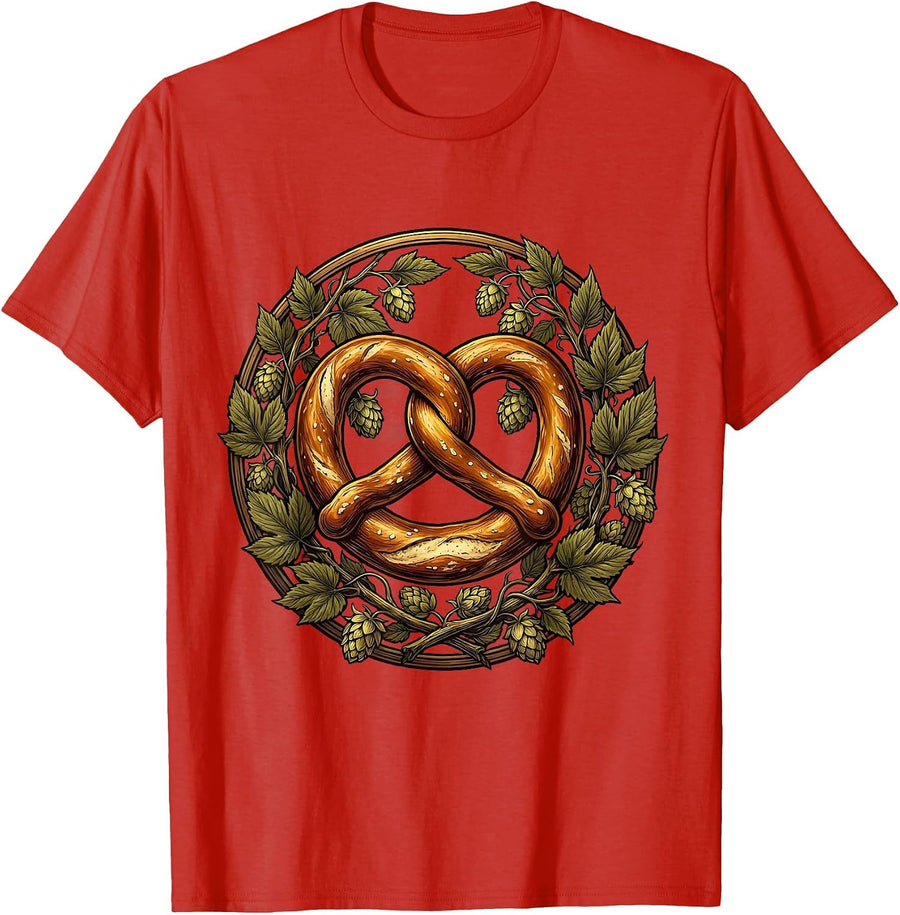 Men's Oktoberfest Pretzel and Hop Branches Illustration T-Shirt - Red