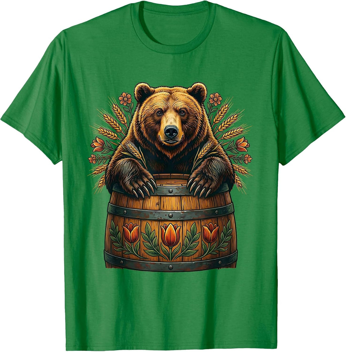 Men's Grizzly Bear Emerging From a Barrel Design T-Shirt - Kelly Green