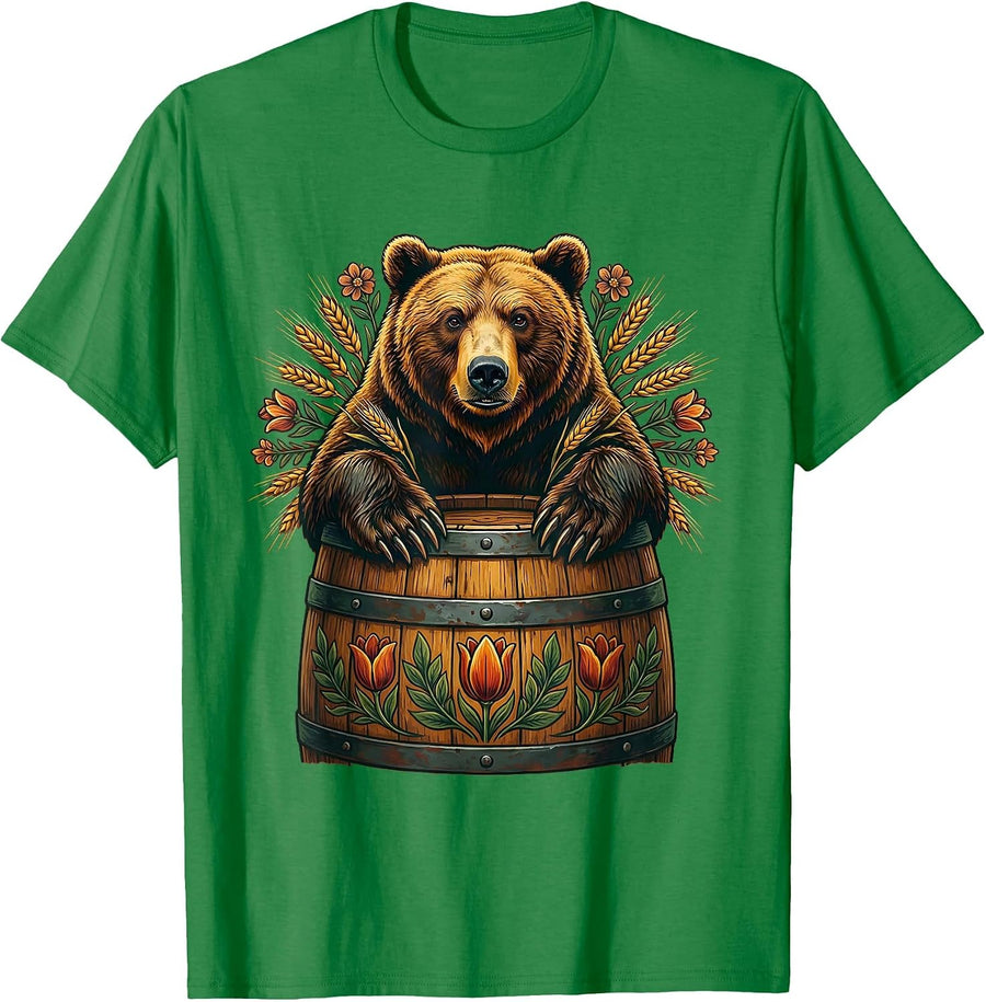 Men's Grizzly Bear Emerging From a Barrel Design T-Shirt - Kelly Green