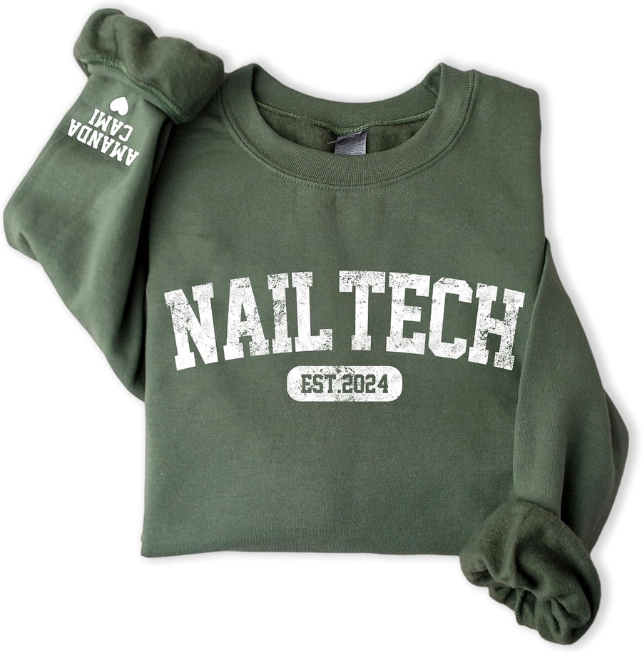 Personalized Nail Tech Sweatshirt with Name on Sleeve, Custom Nail Artist Sweater, Certified Therapist Gift, Nail Tech Salon