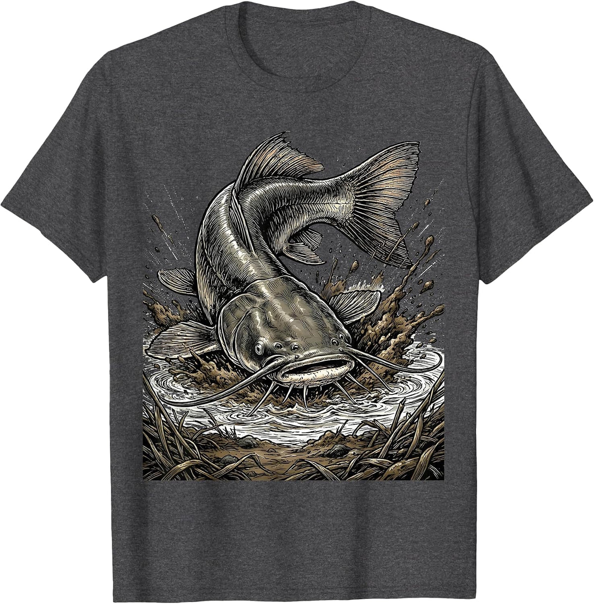 Catfish Muddy River Bank Fishing Graphic T-Shirt - Dark Heather Grey