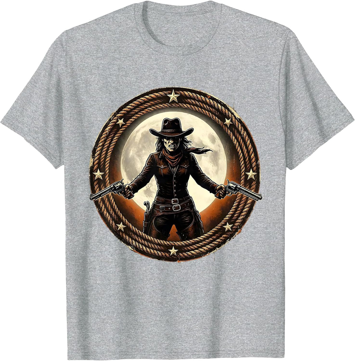 Men's Fierce Cowgirl Drawing Pistols Under Full Moon T-Shirt - Heather Grey