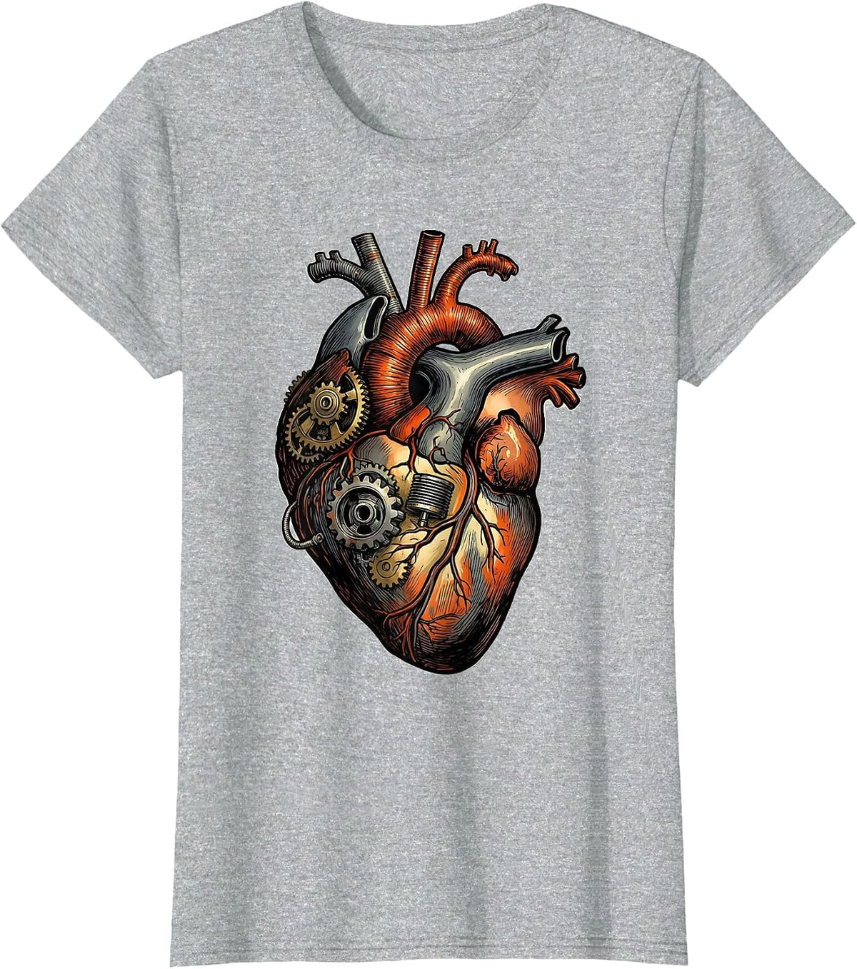 Women's Mechanical Heart Gears and Pistons Motorcycle Design T-Shirt - Heather Grey