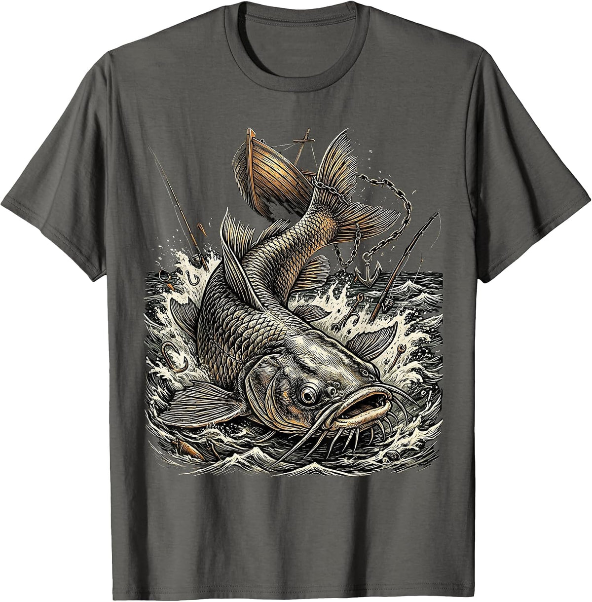 Giant Catfish Dragging Boat Funny Fishing Design T-Shirt - Asphalt Grey