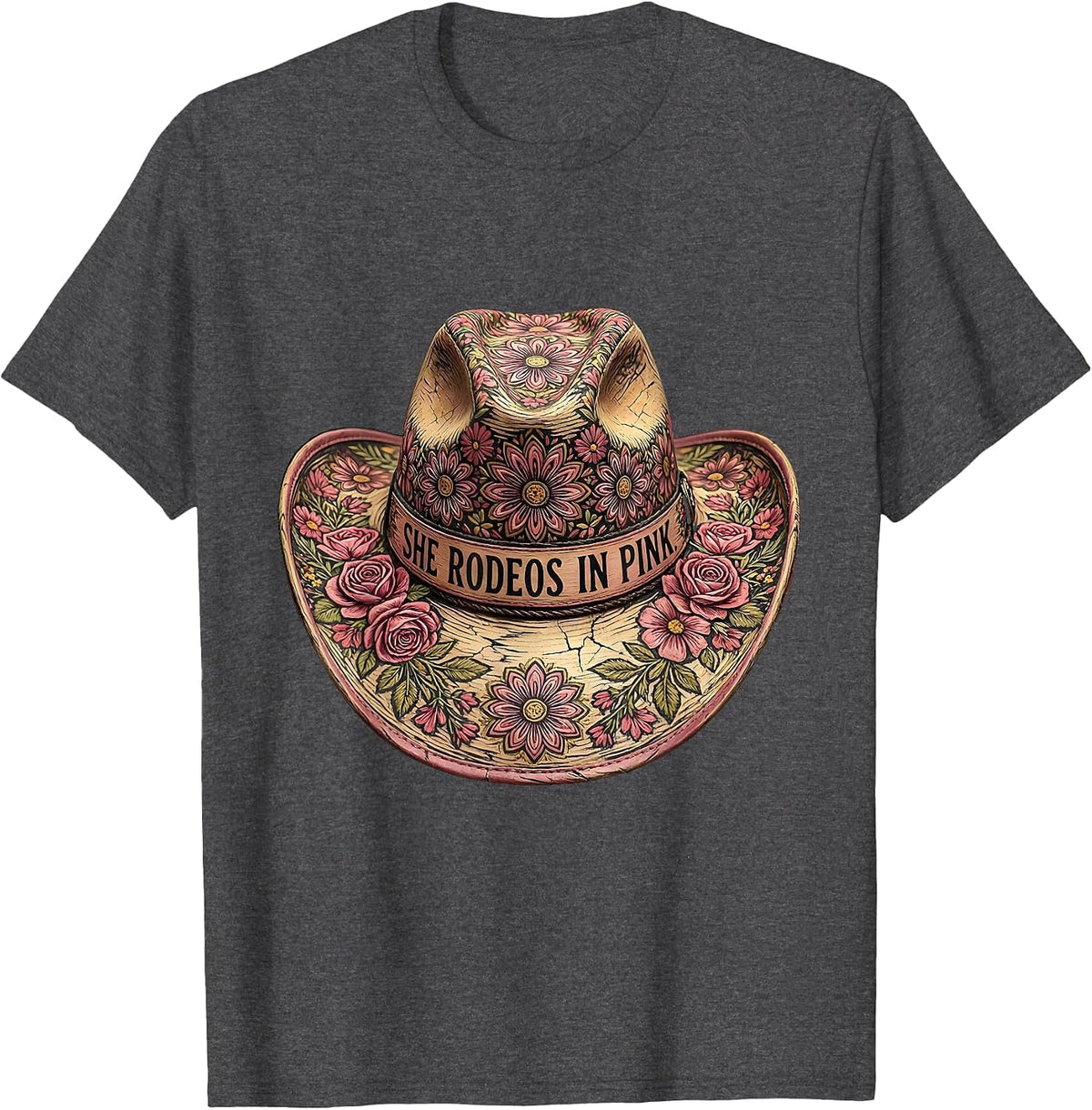 Men's She Rodeos In Pink Cowgirl Design T-Shirt - Dark Heather Grey