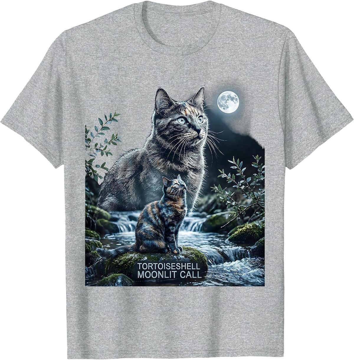 Men's Tortoiseshell Moonlit Call 90s Retro Cat Portrait T-Shirt - Heather Grey