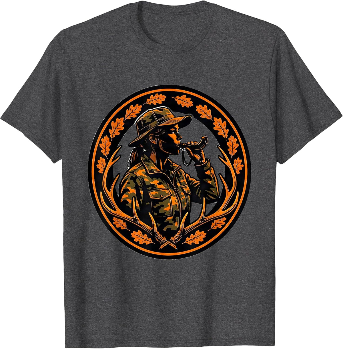 Camo Hunter Deer Call Graphic Design T-Shirt - Dark Heather Grey