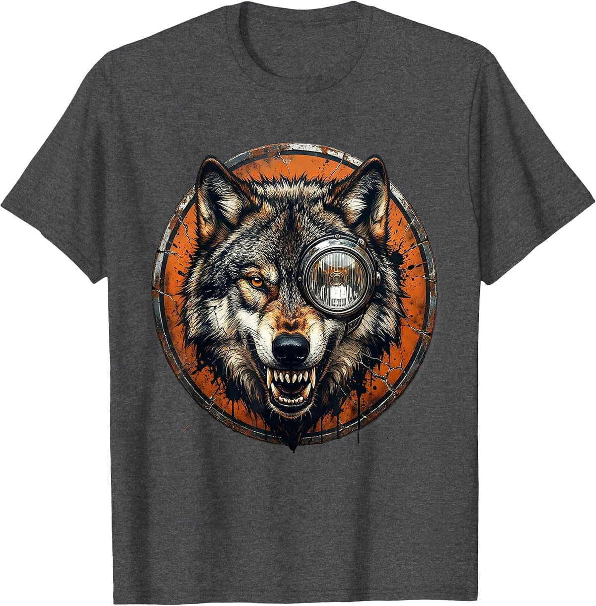 Men's Wolf Head Motorcycle Headlight Graphic Tee T-Shirt - Dark Heather Grey