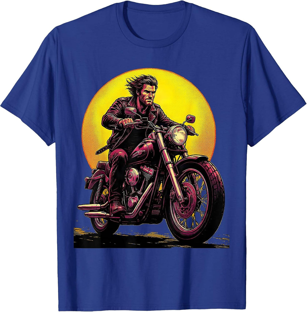 Rugged Rider Sunset Motorcycle Graphic Tee T-Shirt - Royal Blue