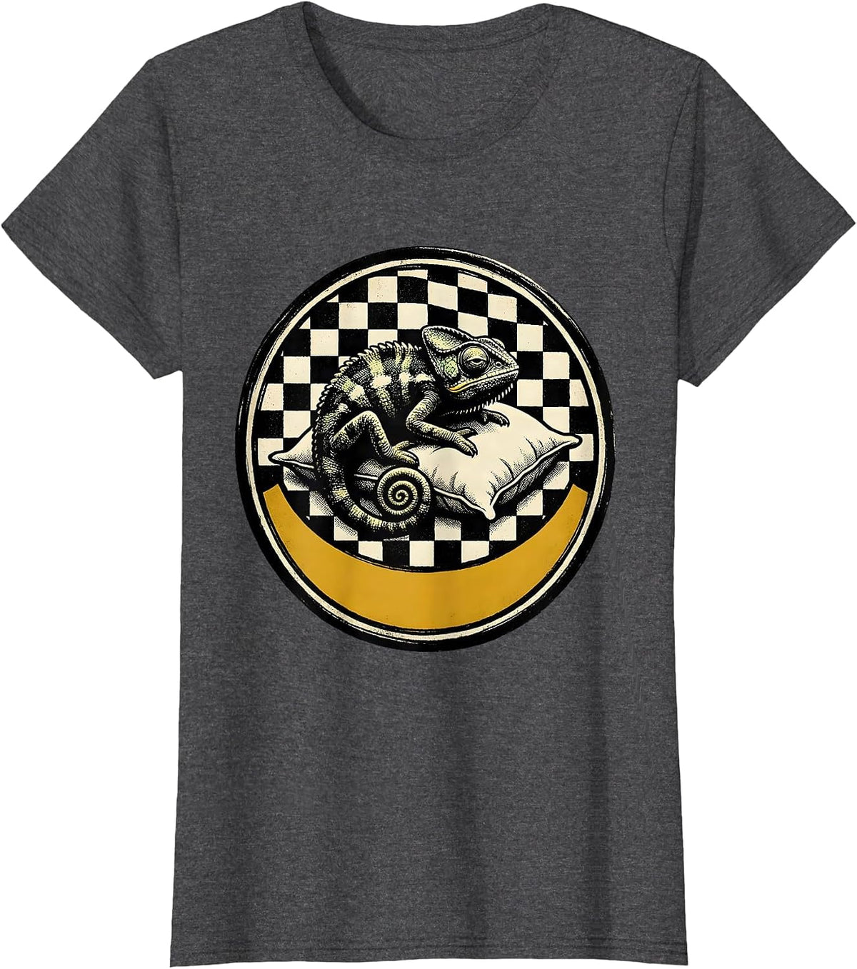 Women's Sealed Chameleon Sleeping Badge Retro Cartoon Animal Lover T-Shirt - Dark Heather Grey