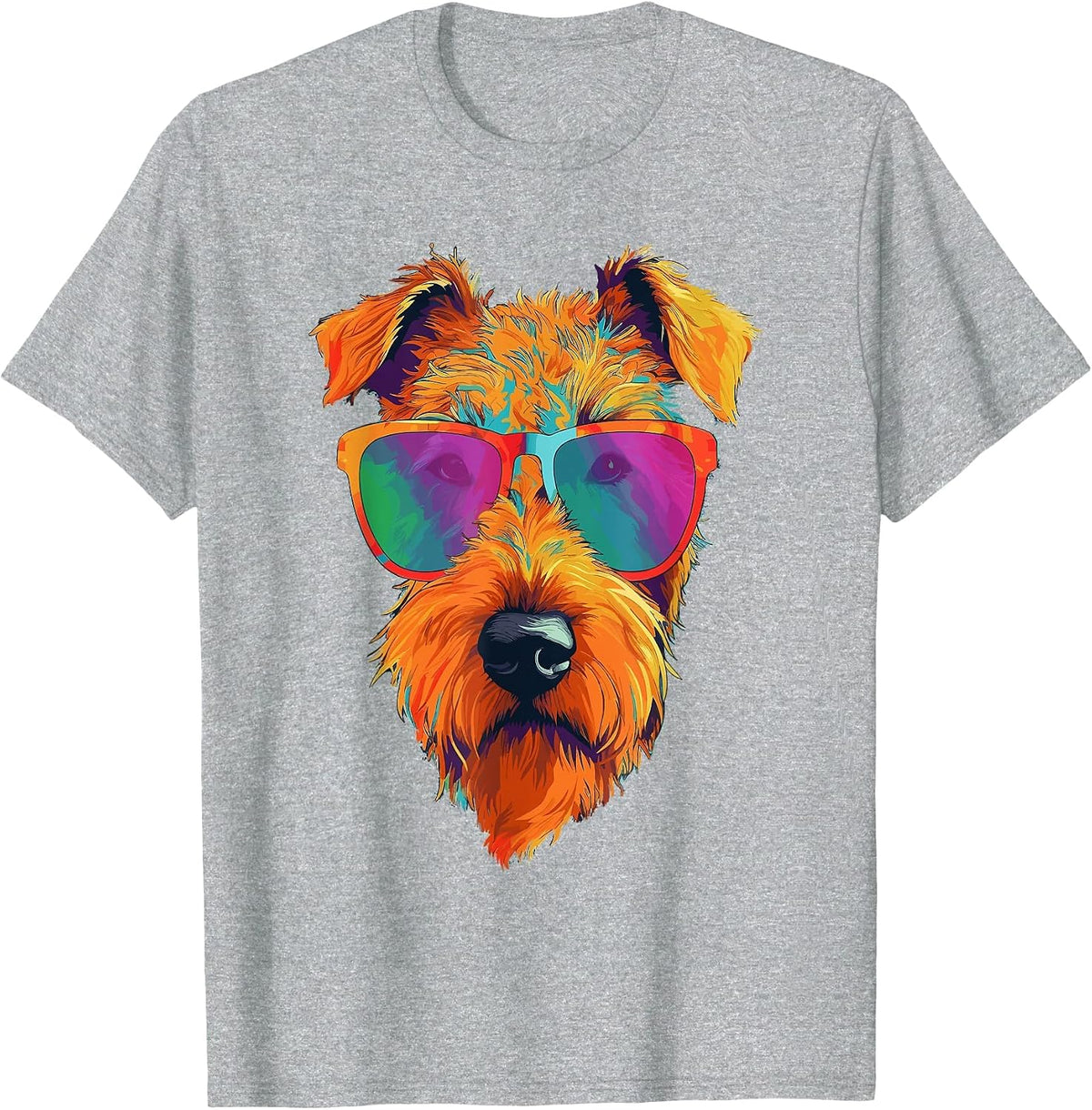 Colorful Pop Art Airedale Terrier Wearing Sunglasses Face T-Shirt - Heather Grey