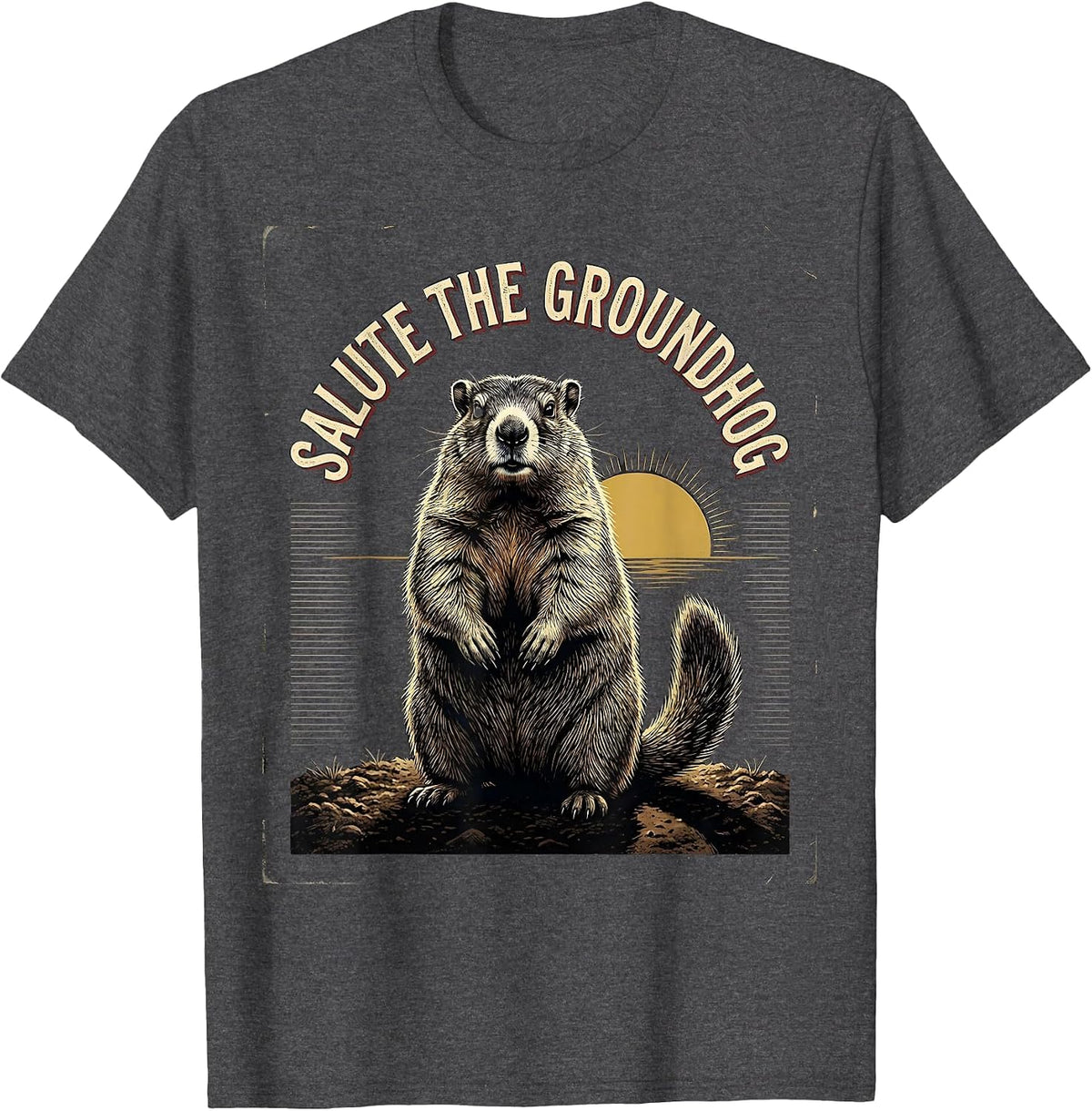 Salute The Groundhog Funny Groundhog Day Vintage Badge Humor T-Shirt - Dark Heather Grey