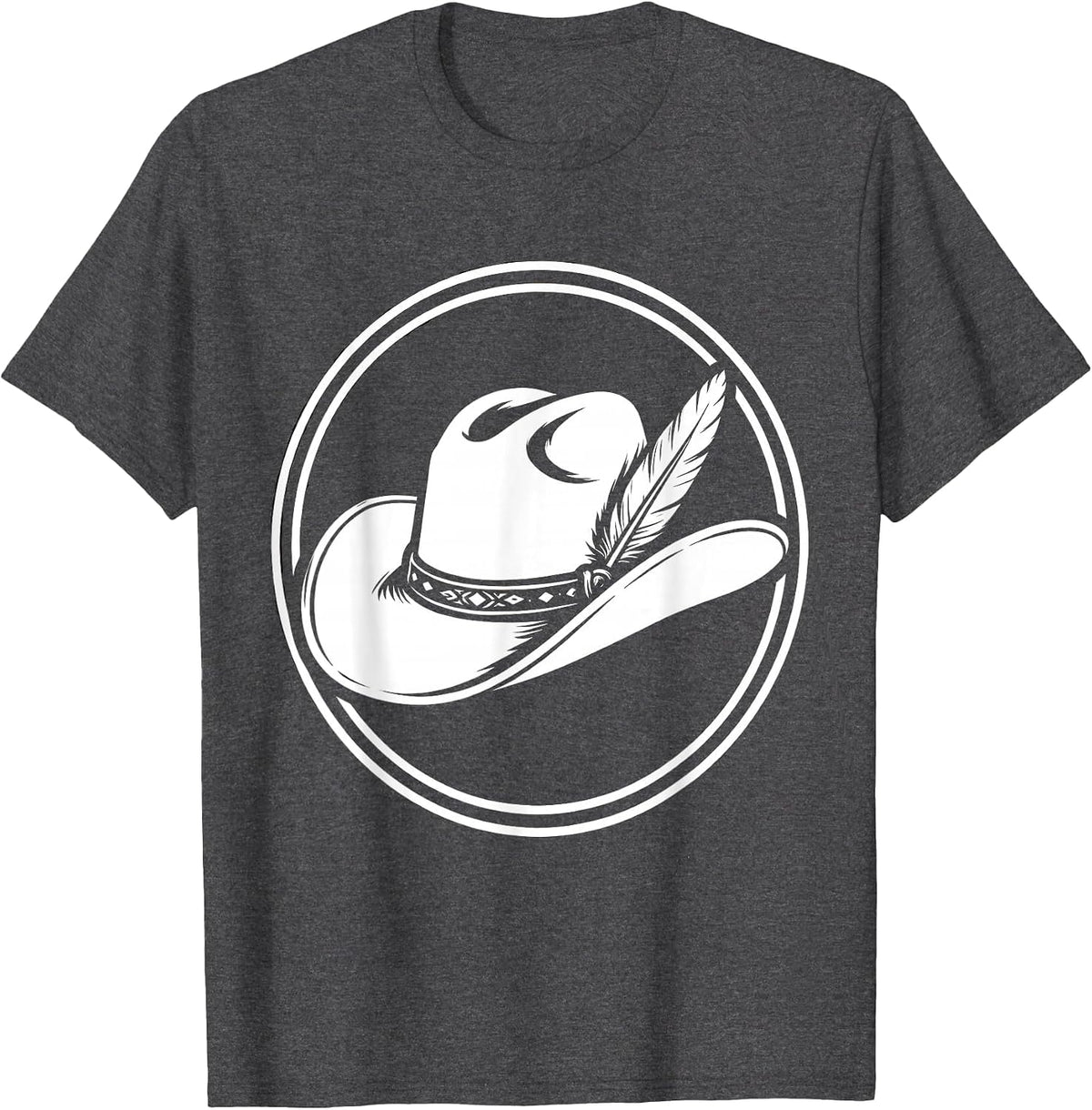 Detailed Cowboy Hat With Feather and Band Graphic T-Shirt - Dark Heather Grey