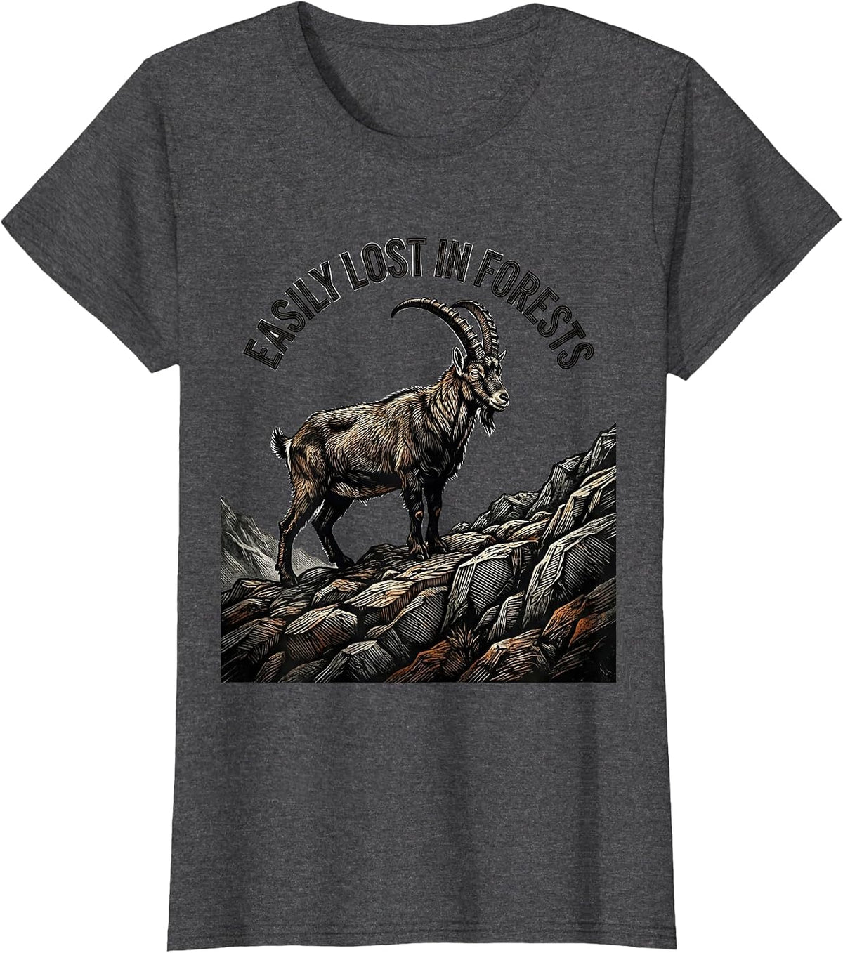 Women's Easily Lost In Forests Woodcut Engraving Forest Wildlife T-Shirt - Dark Heather Grey