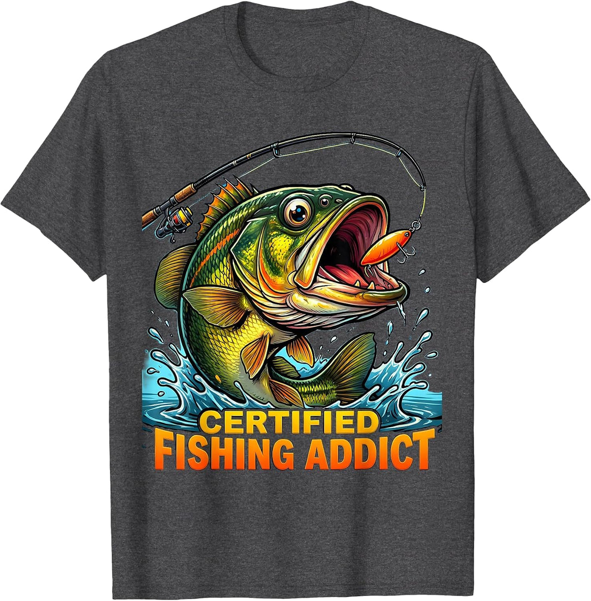 Certified Fishing Addict Graphic Design T-Shirt - Dark Heather Grey