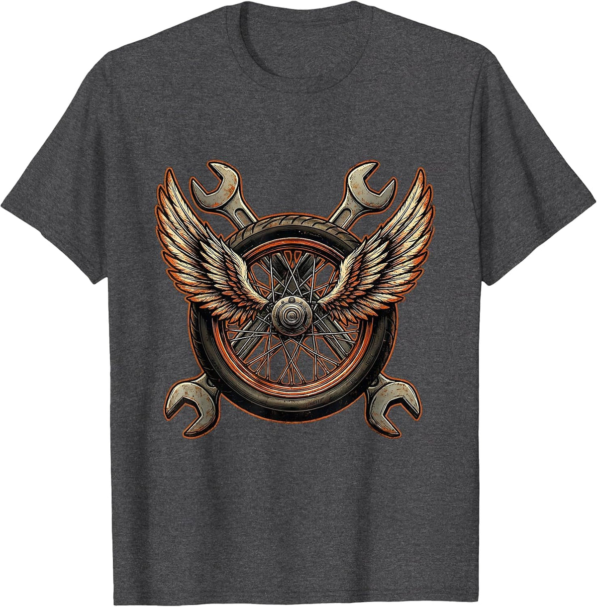 Men's Winged Motorcycle Wheel Crossed Wrenches Biker T-Shirt - Dark Heather Grey