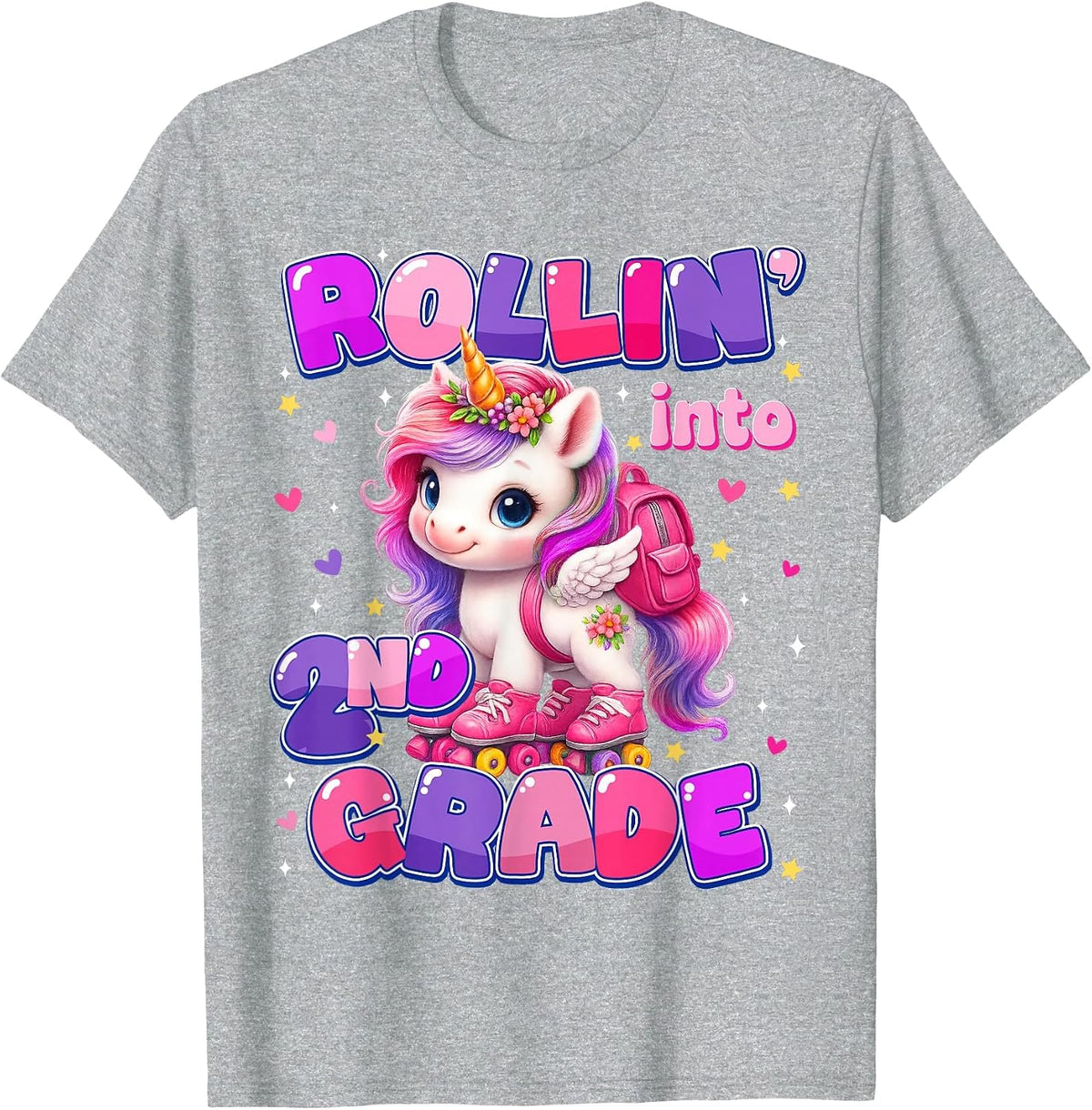 Rolling Into 2nd Grade Unicorn First Day of School Girls T-Shirt - Heather Grey