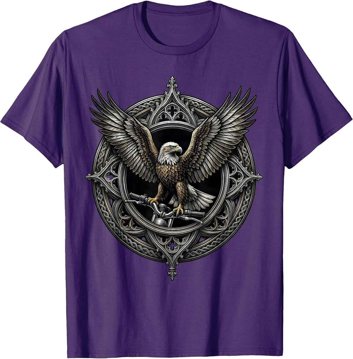 Men's Eagle on Chrome Motorcycle Handlebar Biker Graphic T-Shirt - Purple