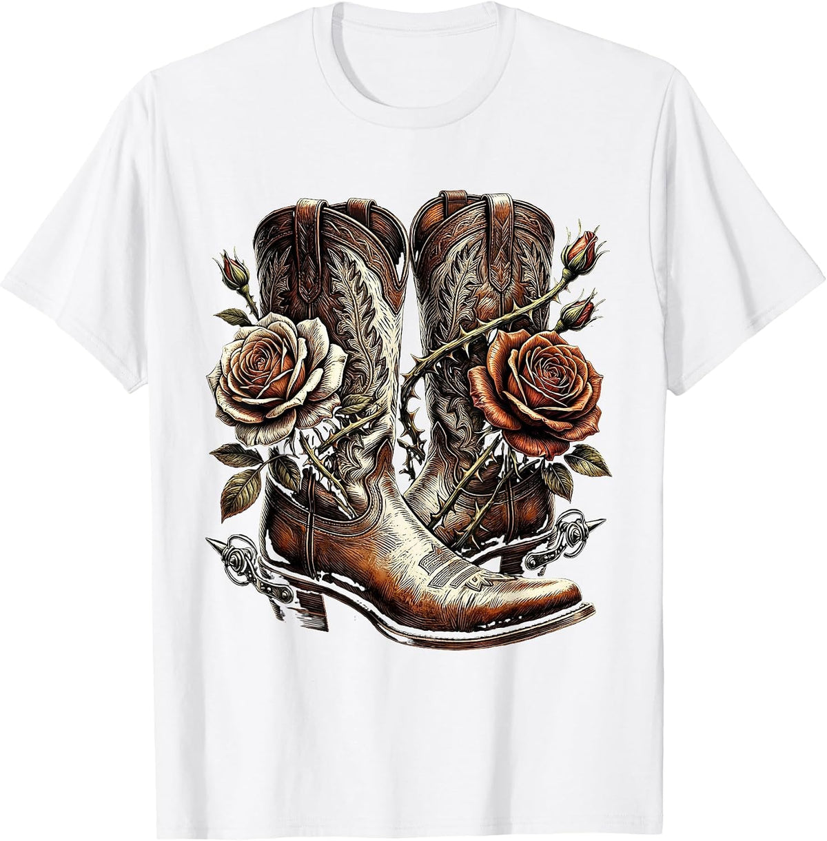 Men's Cowboy Boots Spurs and Roses Western Graphic T-Shirt - White