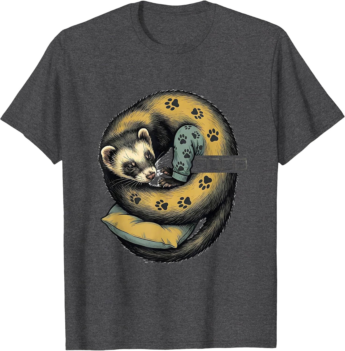 Men's Sleepy Ferret Midcentury Modern Cozy Pet Portrait T-Shirt - Dark Heather Grey