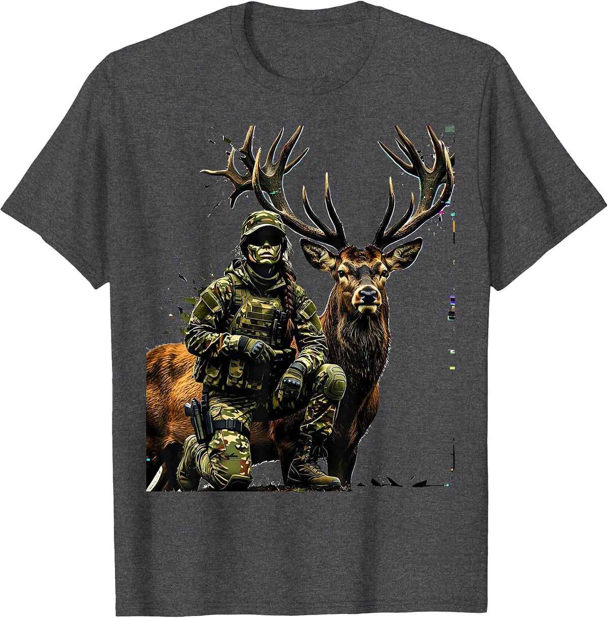 Camo Girl Hunter Kneeling With Trophy Buck T-Shirt - Dark Heather Grey