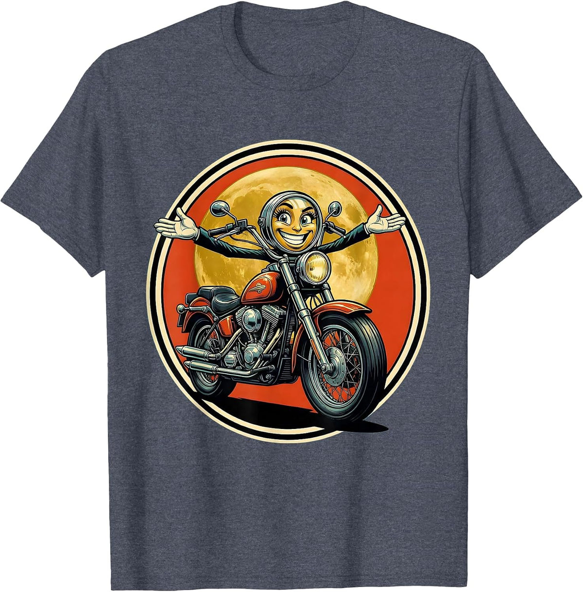 Biker Silhouette Full Moon Motorcycle Design T-Shirt - Heather Blue