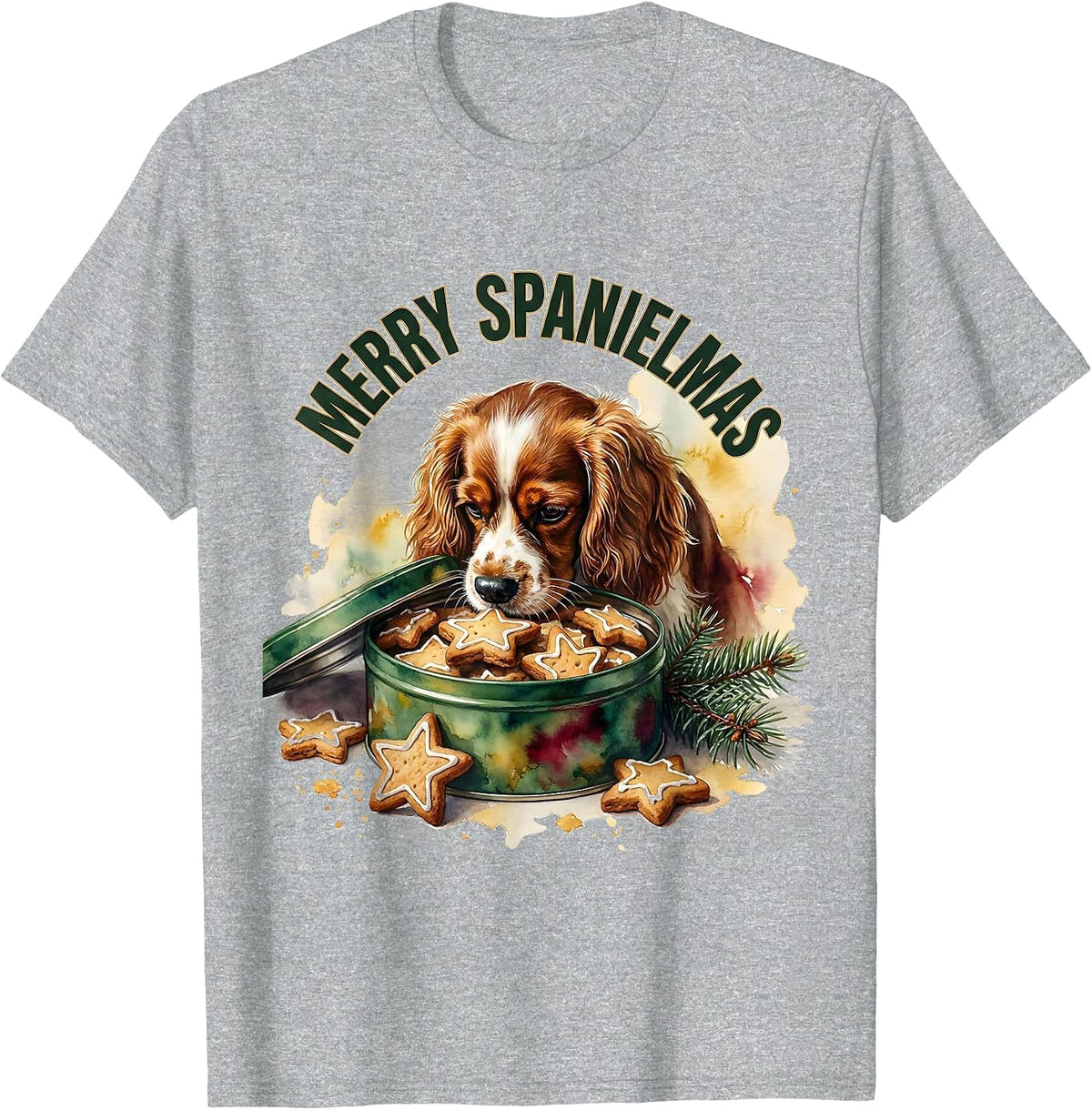 Men's Merry Spanielmas Watercolor Christmas Dog Lover Holiday T-Shirt - Heather Grey