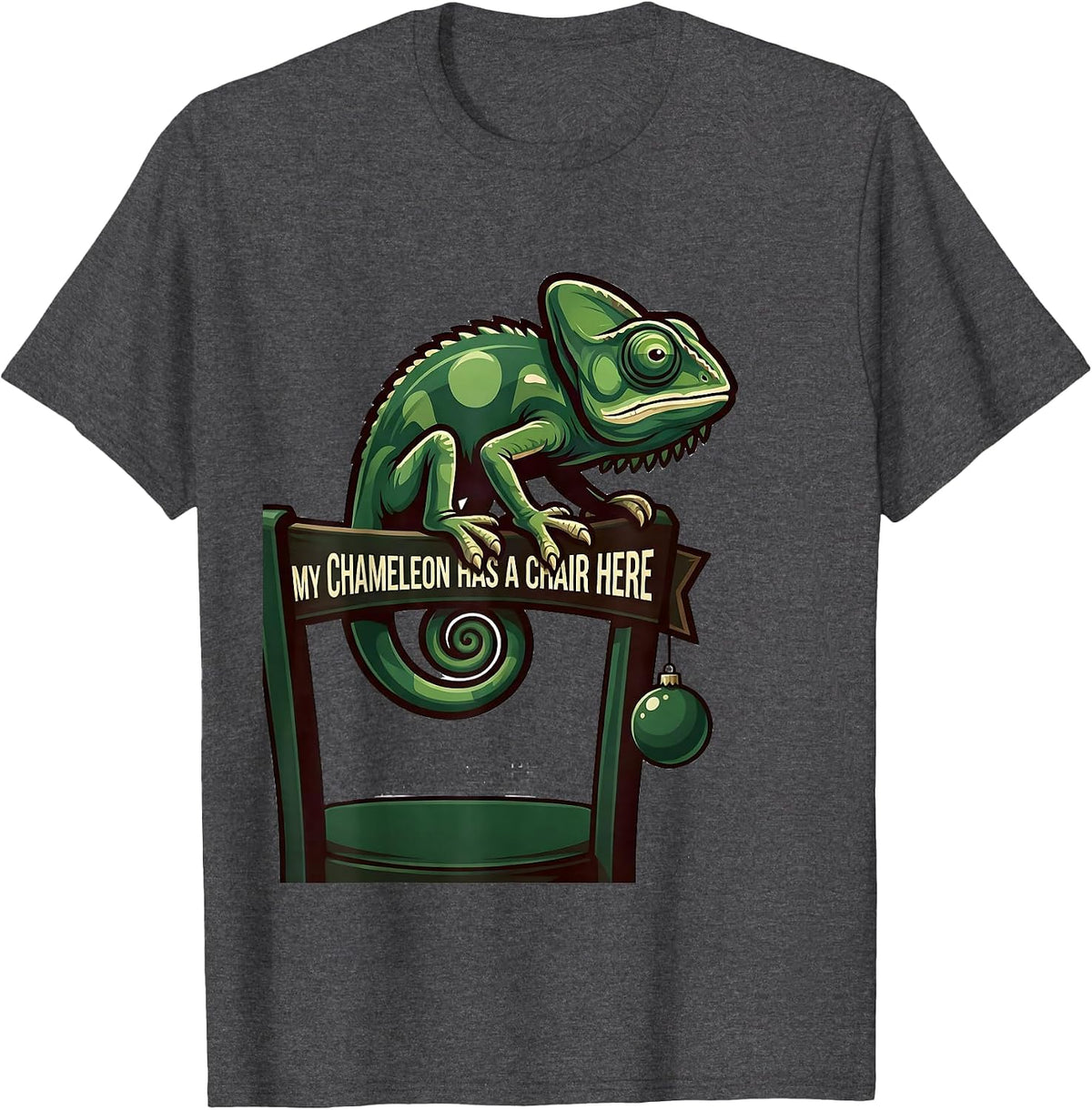 Men's My Chameleon Has A Chair Here Funny Reptile Keeper Christmas T-Shirt - Dark Heather Grey