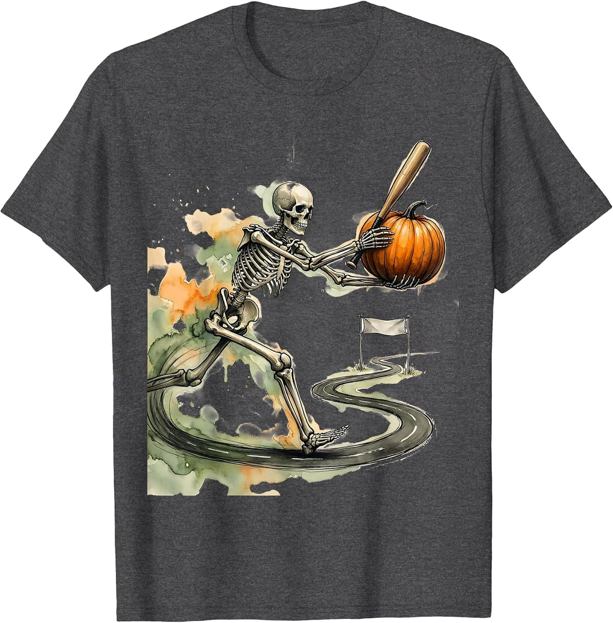 Men's Watercolor Skeleton Runner Halloween 5K Fun Run Matching T-Shirt - Dark Heather Grey