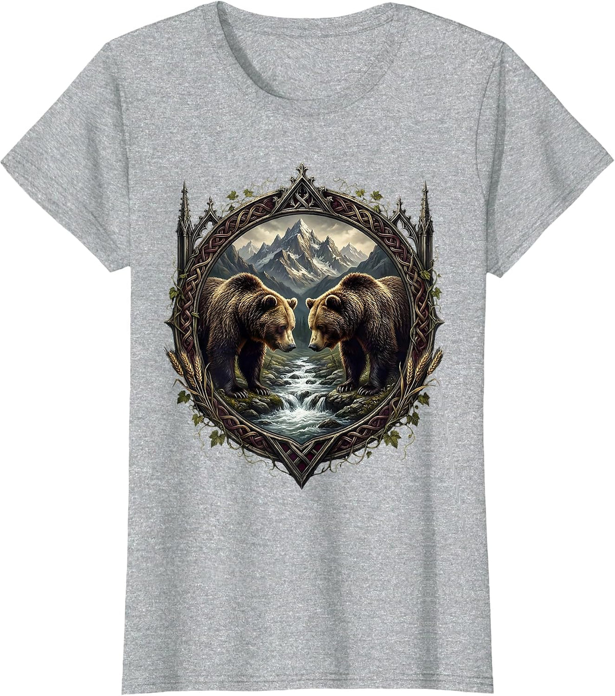 Women's Oktoberfest Bears Mountain Stream Illustration T-Shirt - Heather Grey