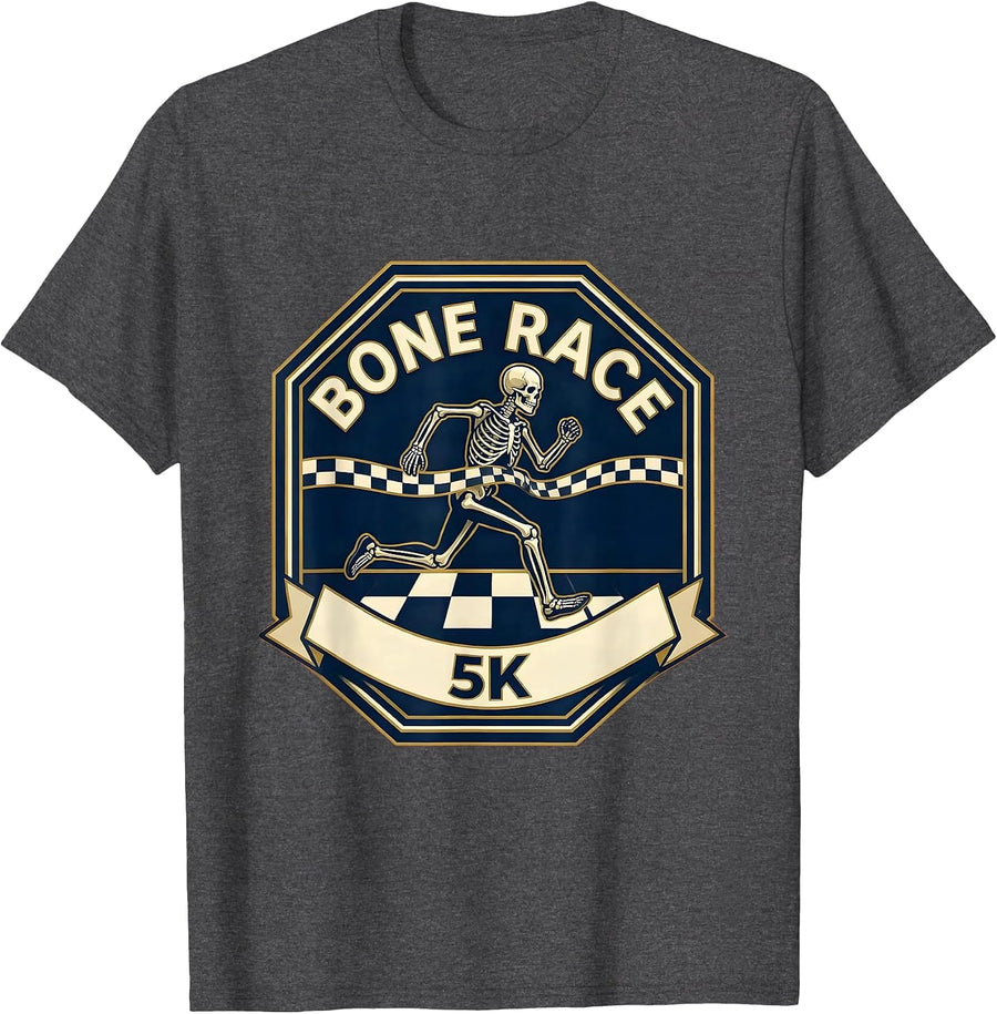Men's Bone Race 5K Funny Skeleton Runner Halloween Fun Run T-Shirt - Dark Heather Grey